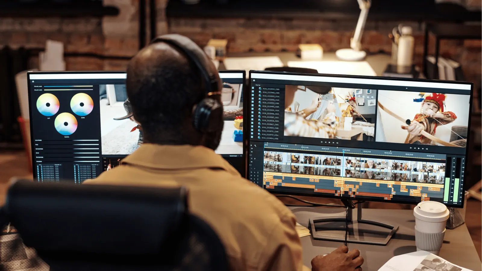 Back view of person editing video on dual monitors with coffee and headphones for content review