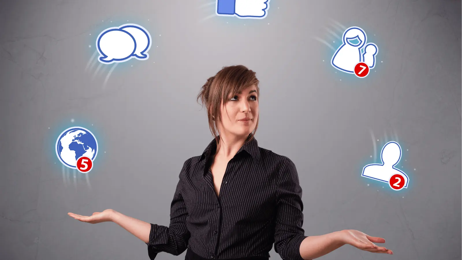 Woman holding hands out with floating social media notification icons around her for content calendar