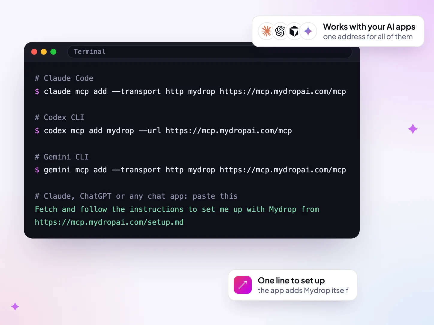 Setup commands for Claude Code, Codex CLI and Gemini CLI, and the one-line setup prompt for chat apps