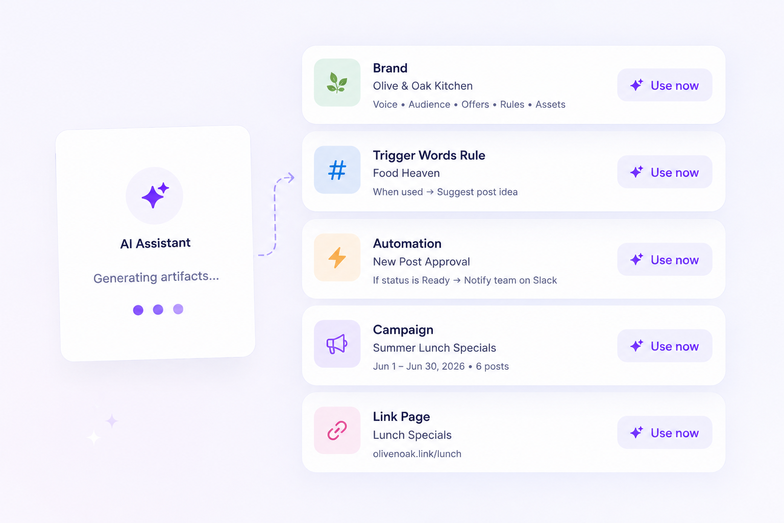 Mydrop AI assistant building complete social media content artifacts