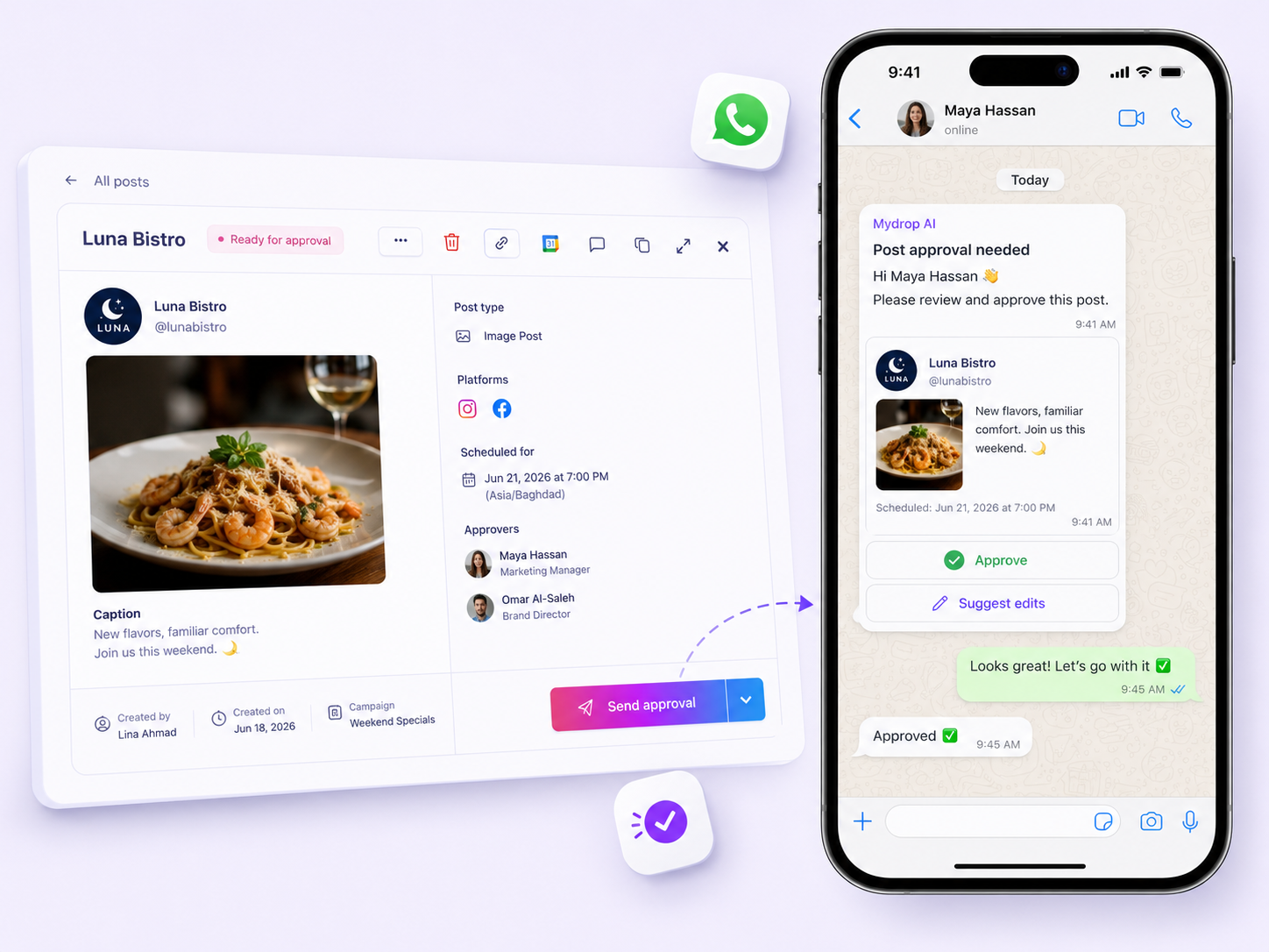 Mydrop approve by WhatsApp flow with approve and suggest edits actions