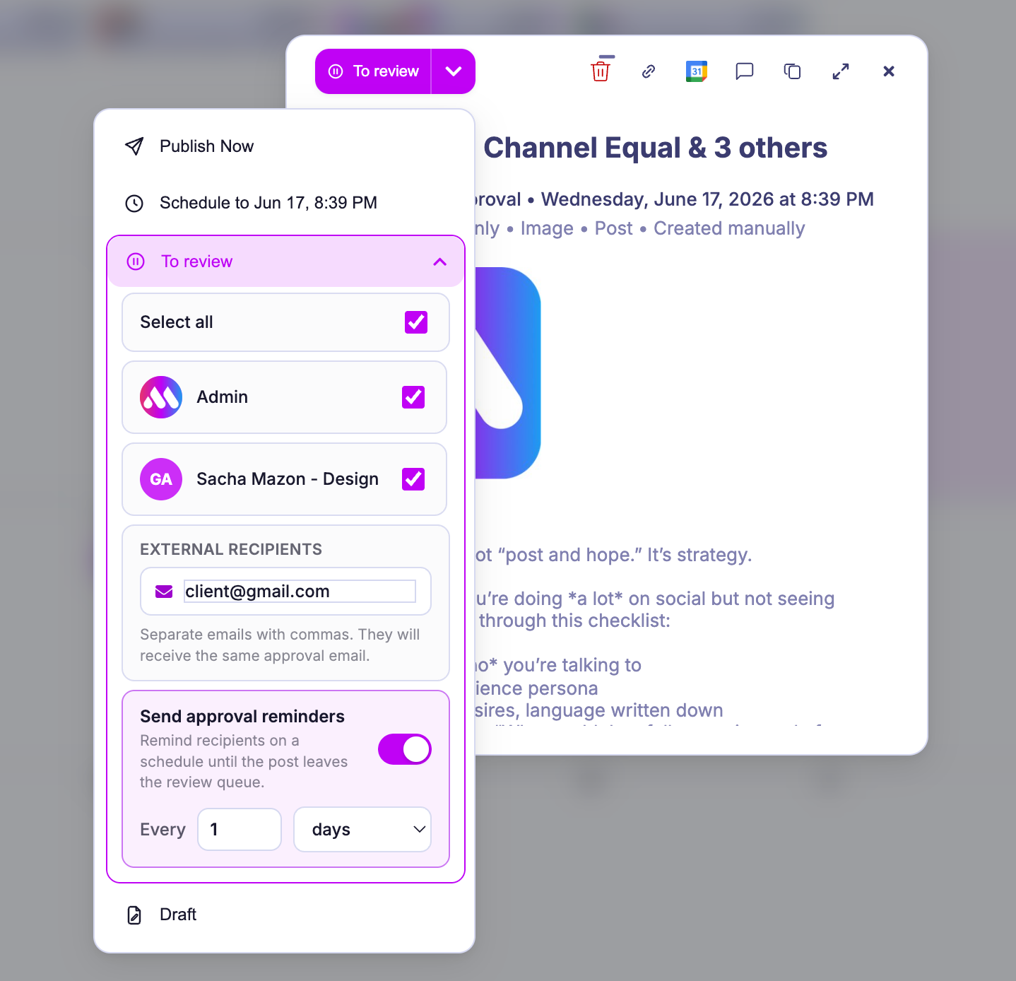 Mydrop approval reminders for overdue and scheduled post review