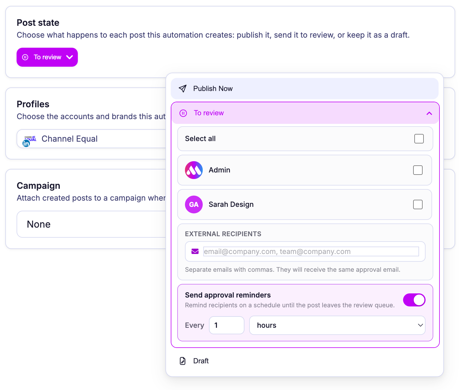 Mydrop approval-safe automation flow with review, routing, approval, and publishing controls