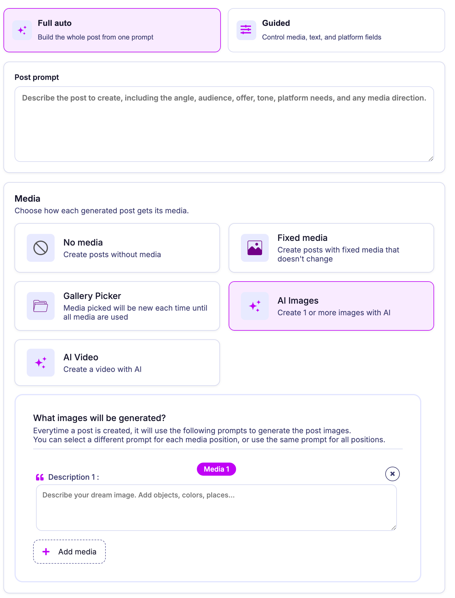 Mydrop automation content and media configuration with AI, brand voice, media slots, and campaign tracking