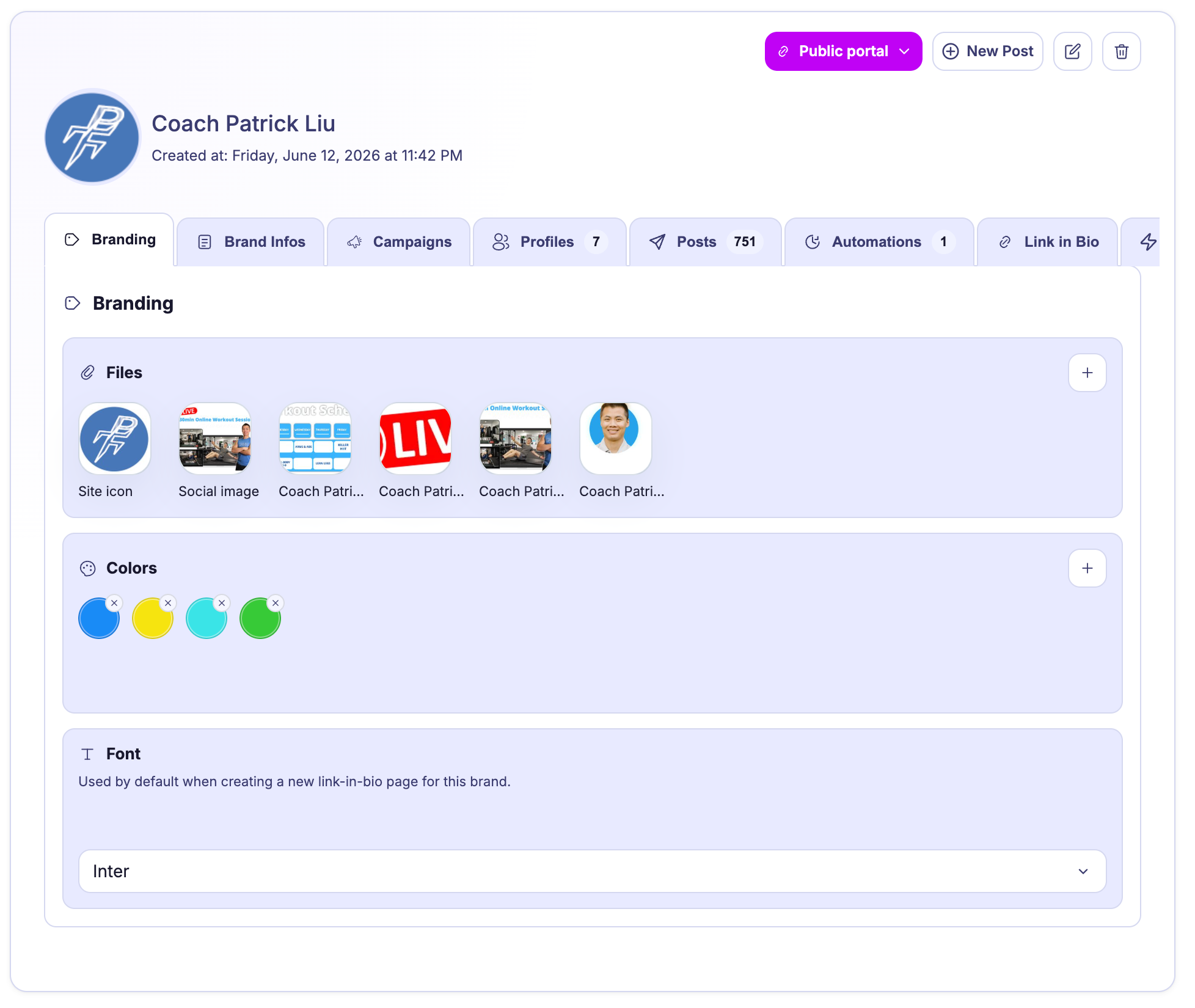Mydrop brand branding screen with logo, colors, and visual identity settings