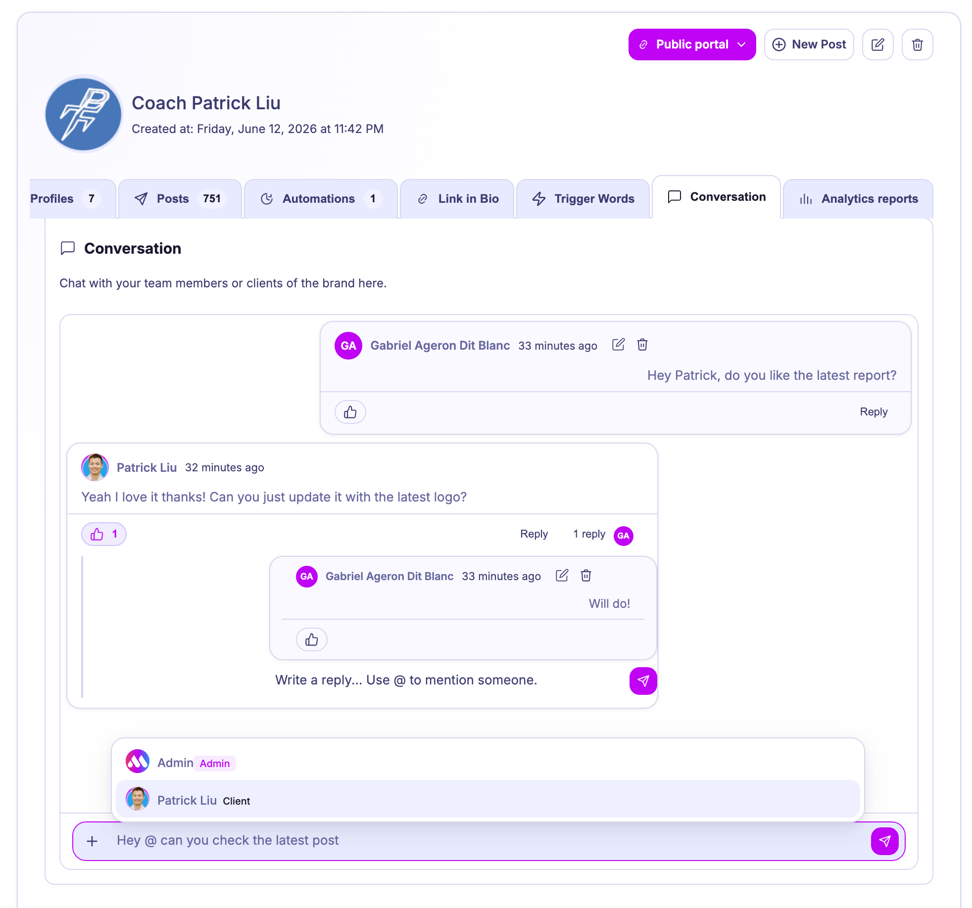 Mydrop brand conversation screen with client and team messages in one thread