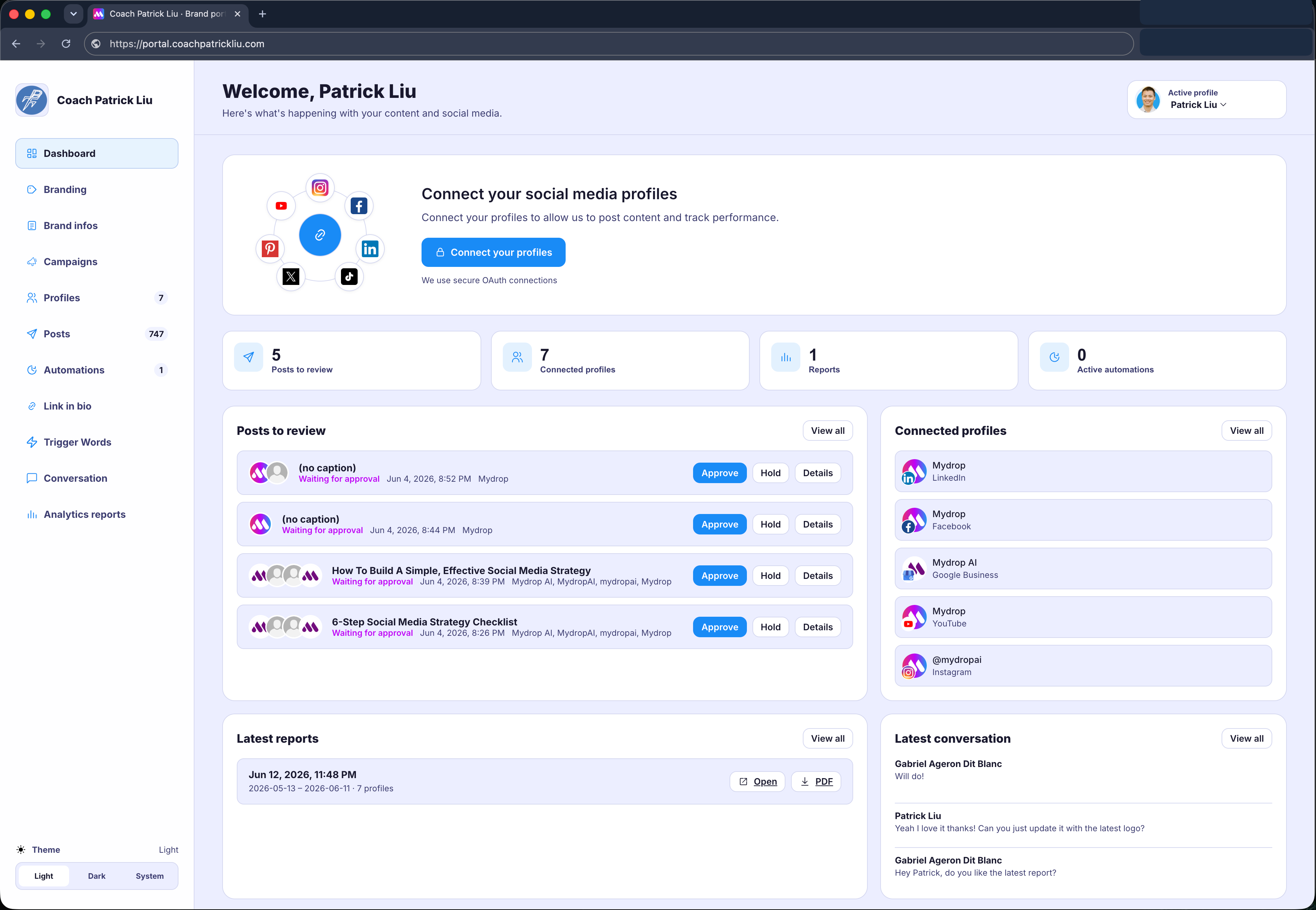 Mydrop brand portal dashboard with client-facing workspace sections and activity