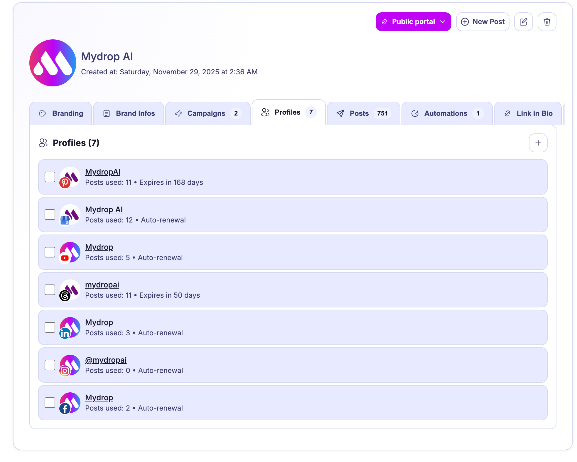 Mydrop brand profiles list with connected social profiles grouped under a brand