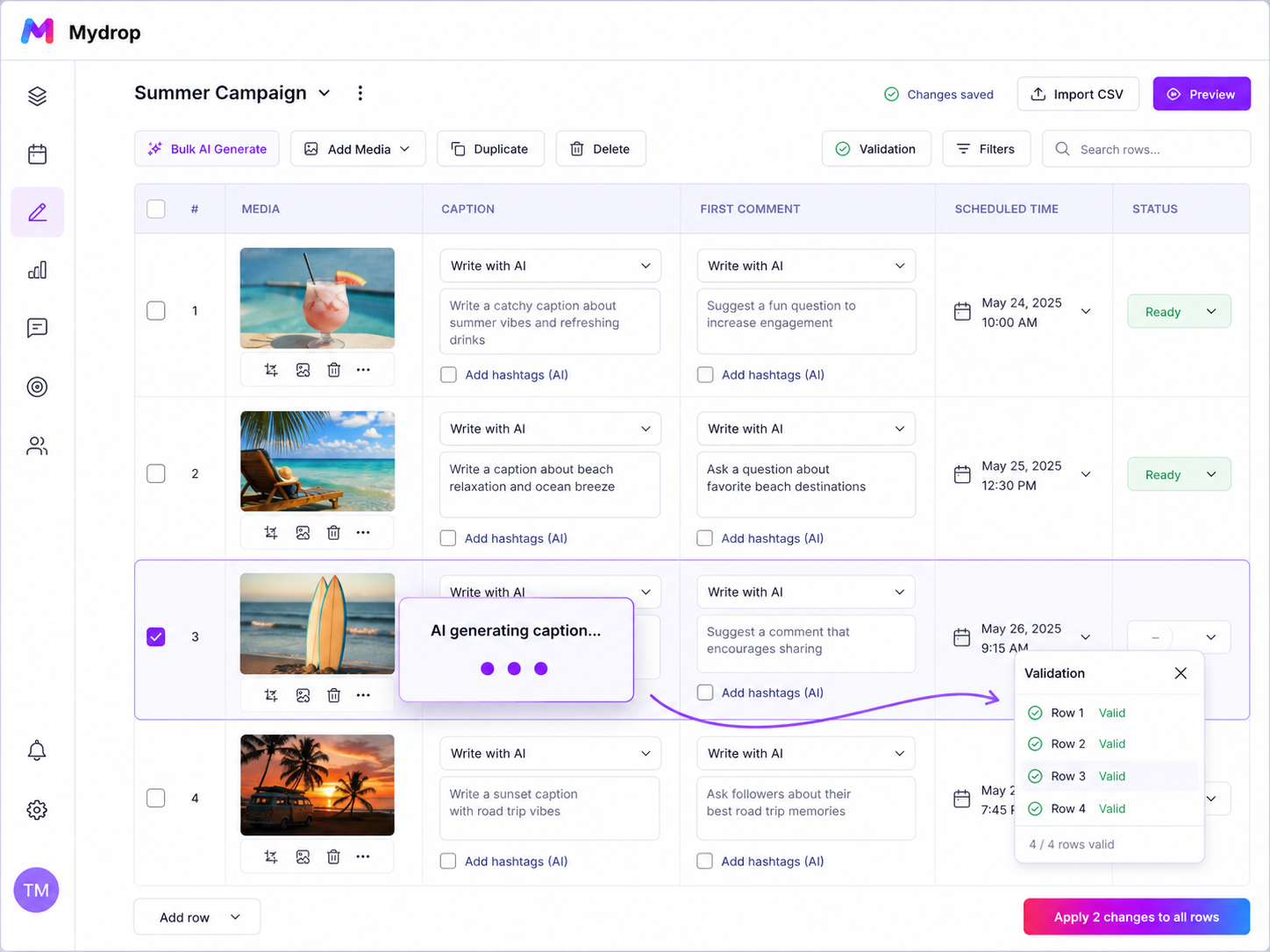 Mydrop bulk creation AI caption generation and row validation