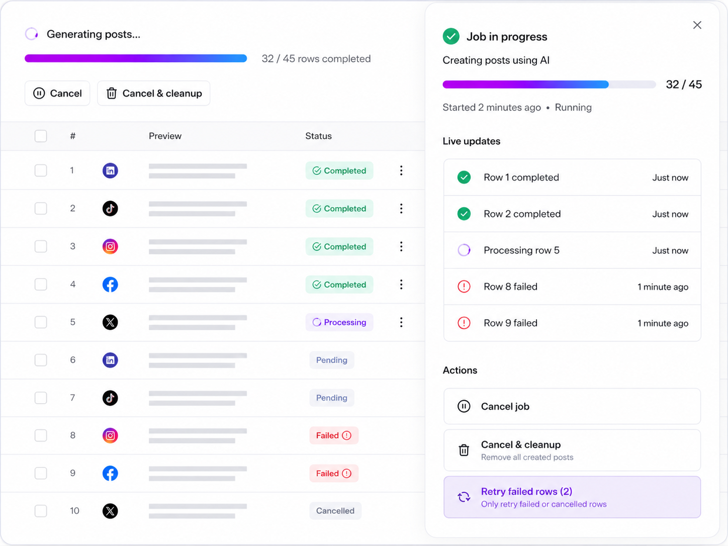 Mydrop bulk creation job controls for progress, cancel, cleanup, and retry