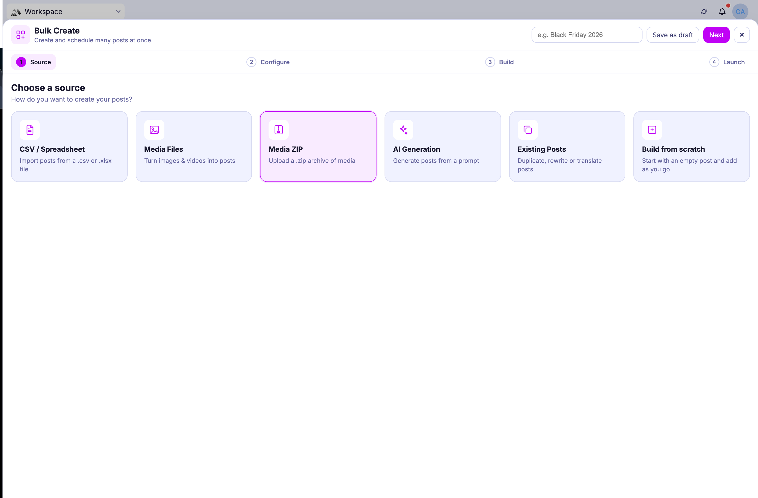 Mydrop bulk creation sources for CSV, media drops, ZIP packages, AI ideas, existing posts, and scratch rows