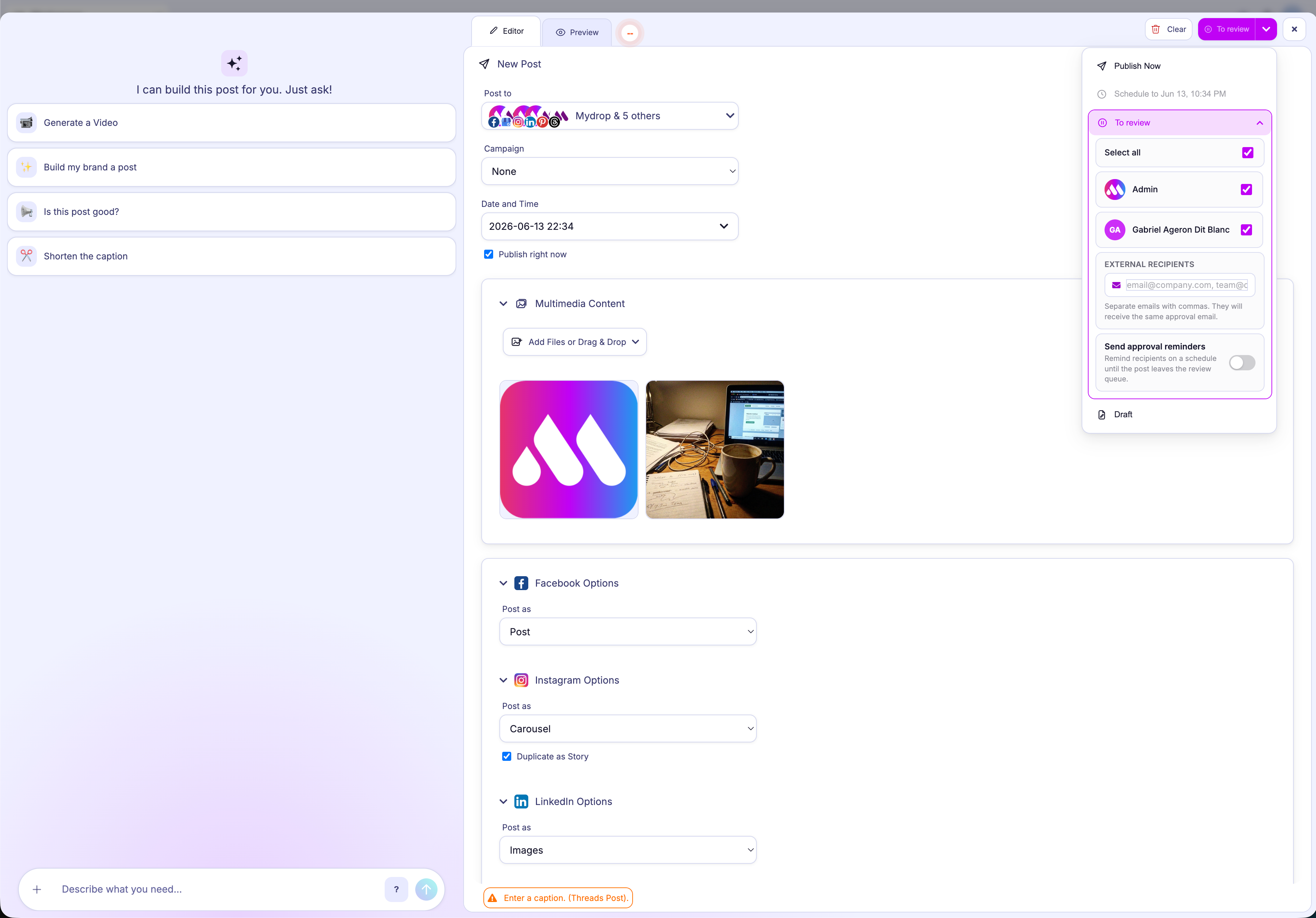 Mydrop post composer with selected profiles and post setup fields