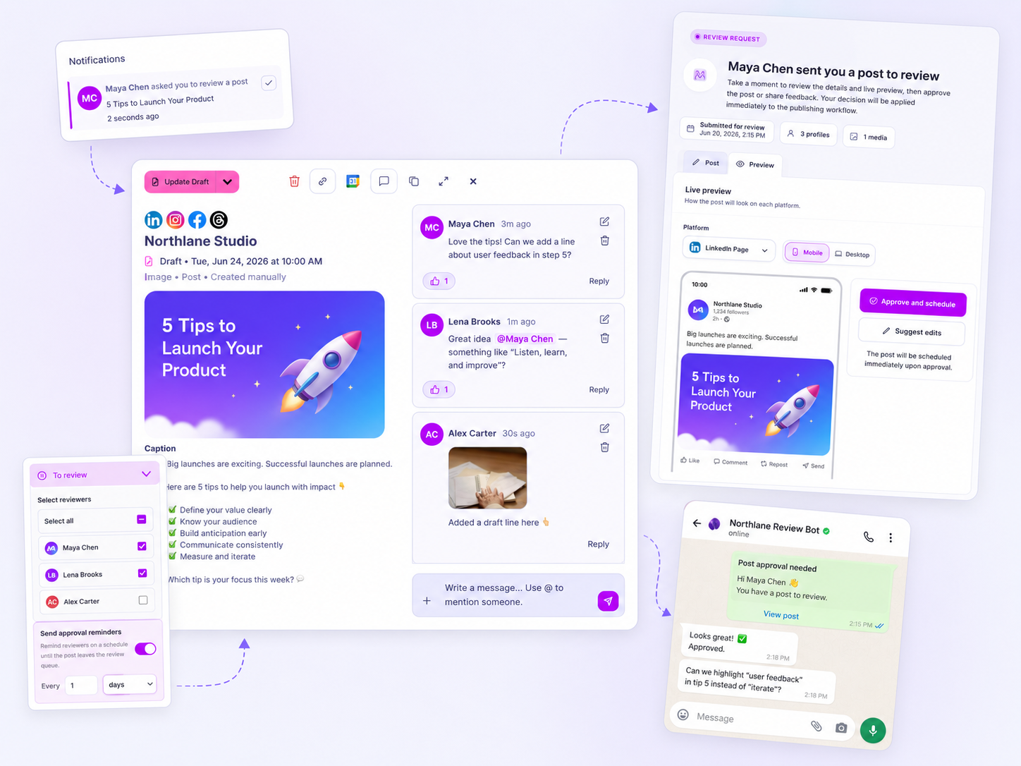 Mydrop post workspace with post chat, review link, and approval context