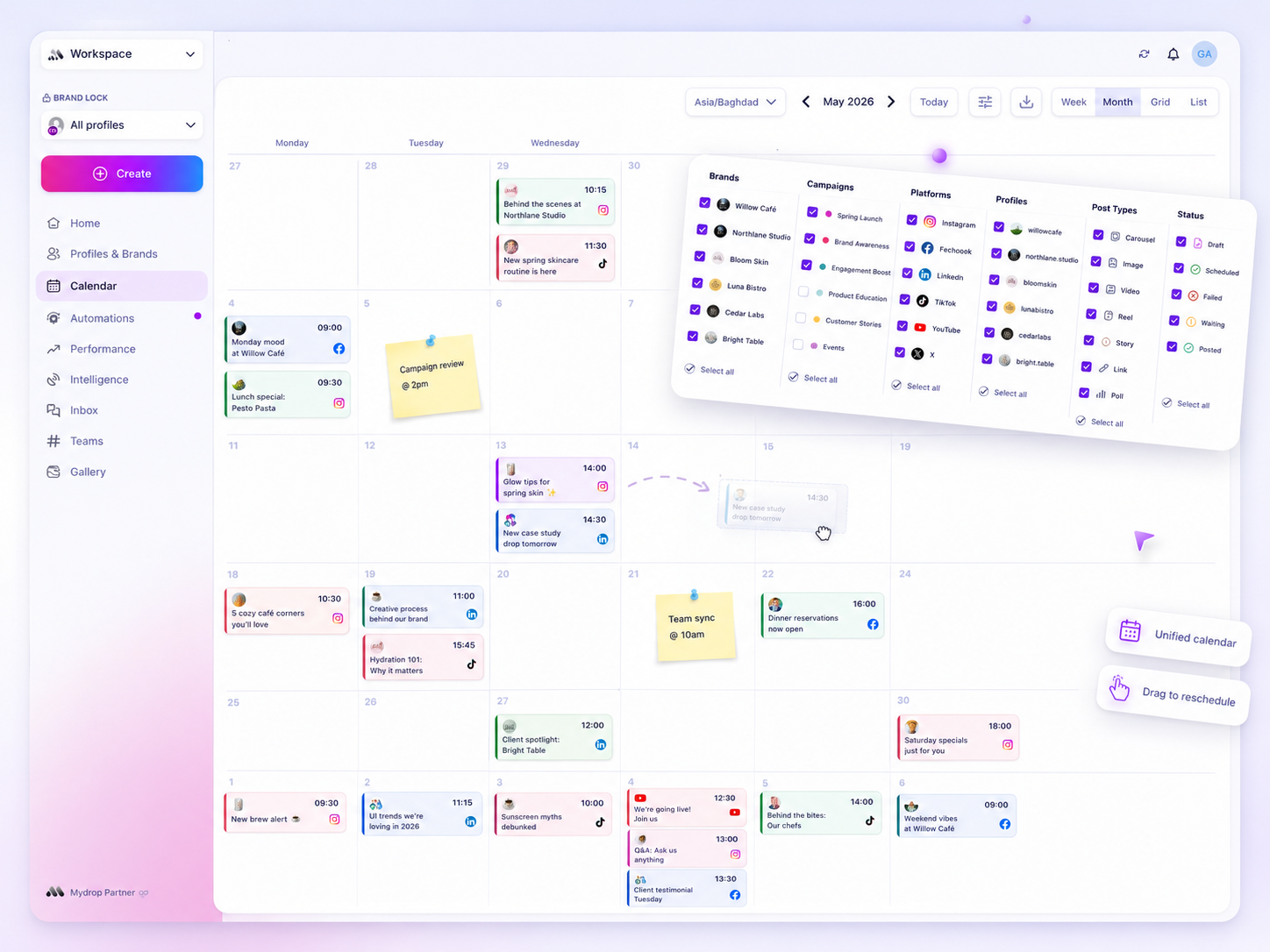 Shared content calendar across brands with campaigns grouped for the team