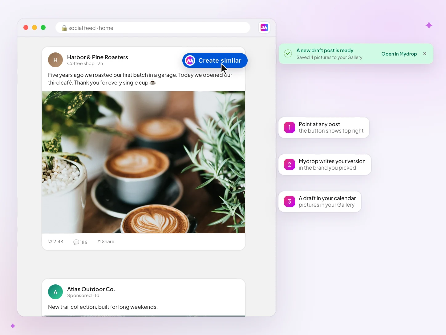 Create similar button on a social post and the 'A new draft post is ready' card