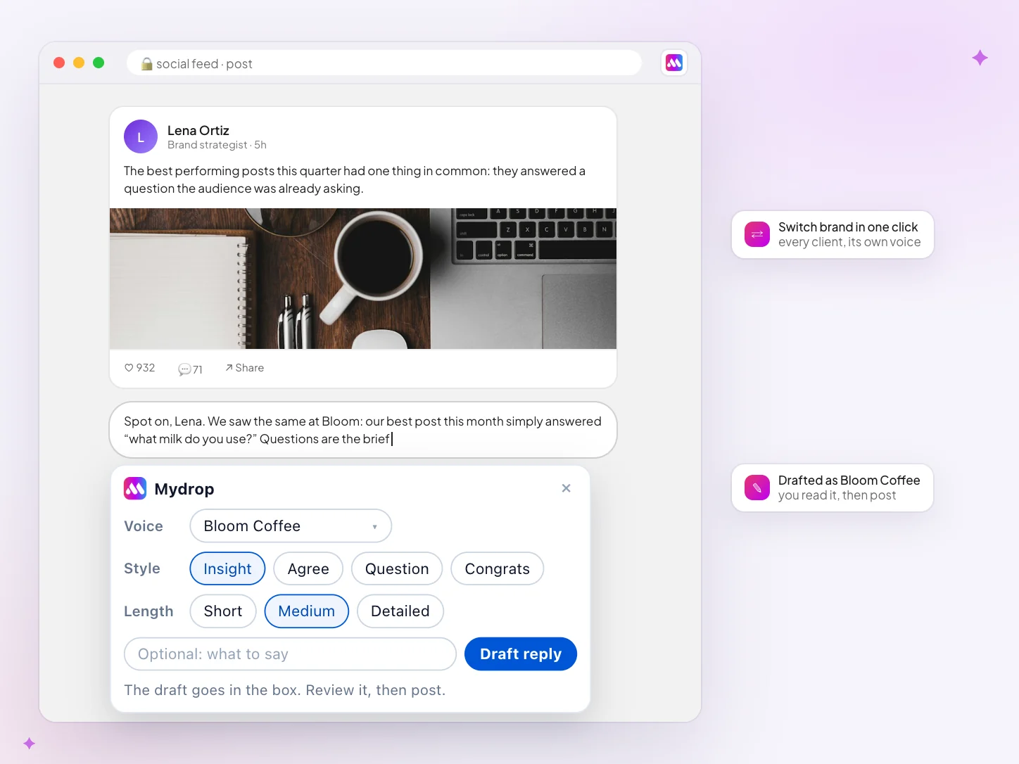 Mydrop reply draft card under a comment box, writing as Bloom Coffee