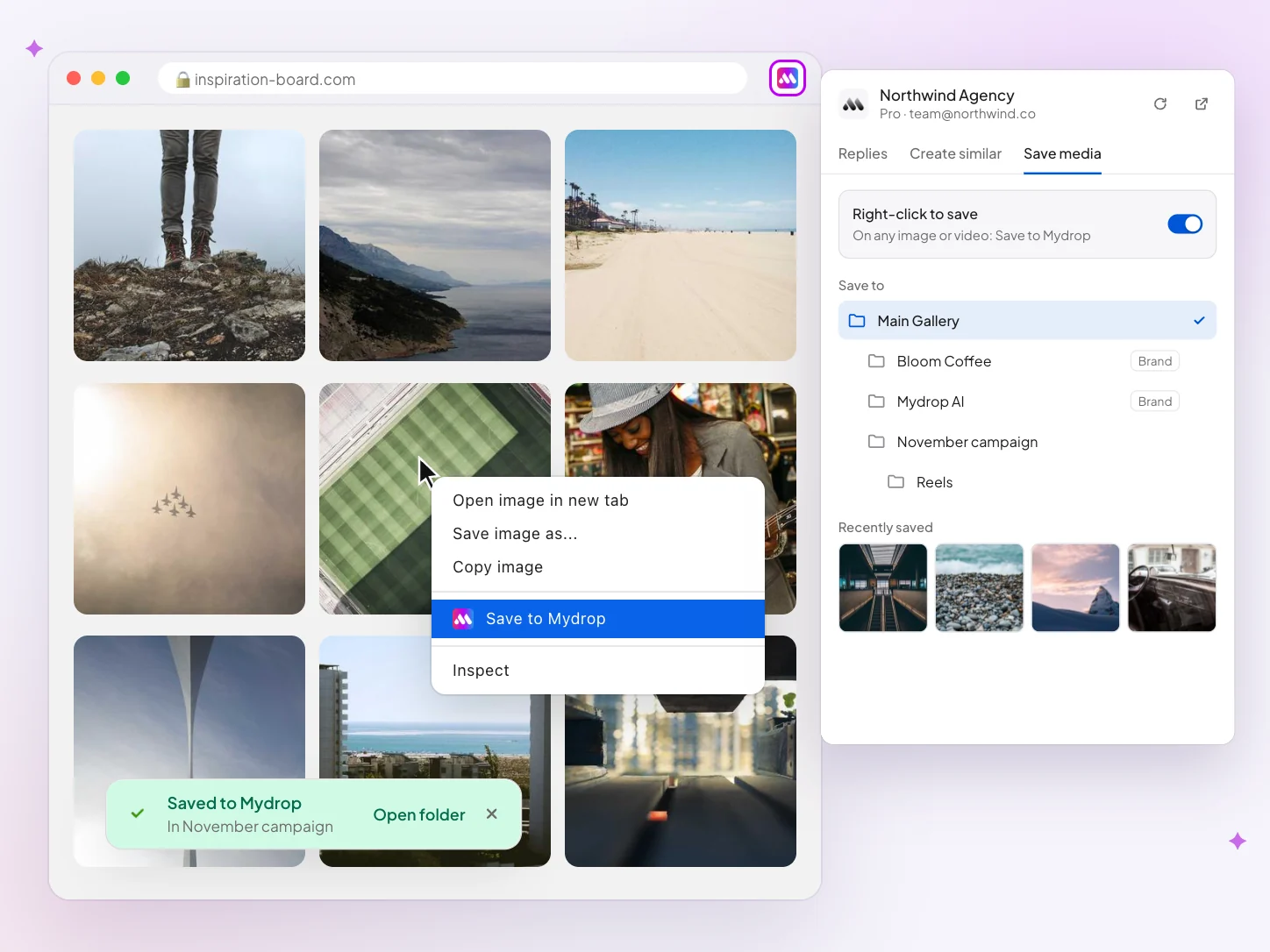 Save to Mydrop in the right-click menu and the extension's Save media tab with folders
