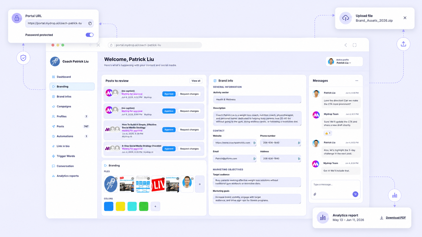 No-login client portal collaboration screen with posts, uploads, and team messages