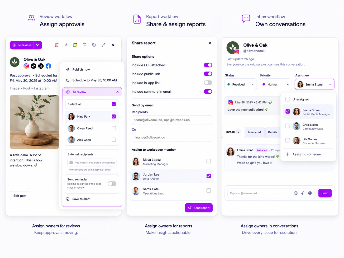 Mydrop assignment across posts, reports, inbox threads, approvals, and follow-up work
