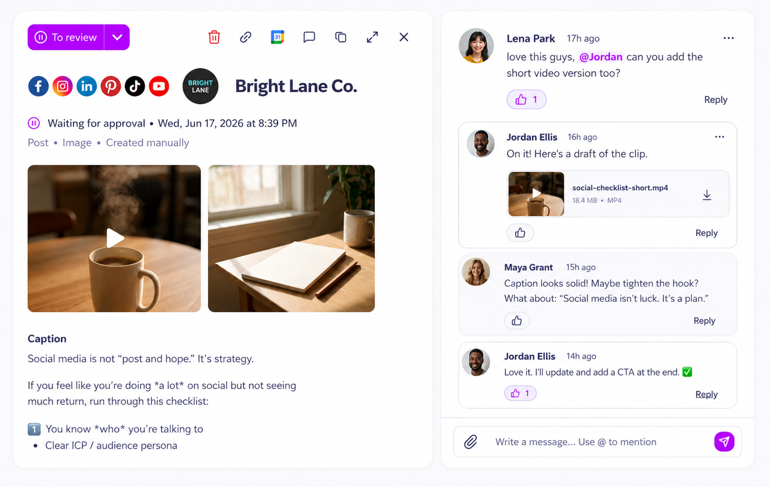 Mydrop per-post chat with mentions, attachments, and post-specific feedback