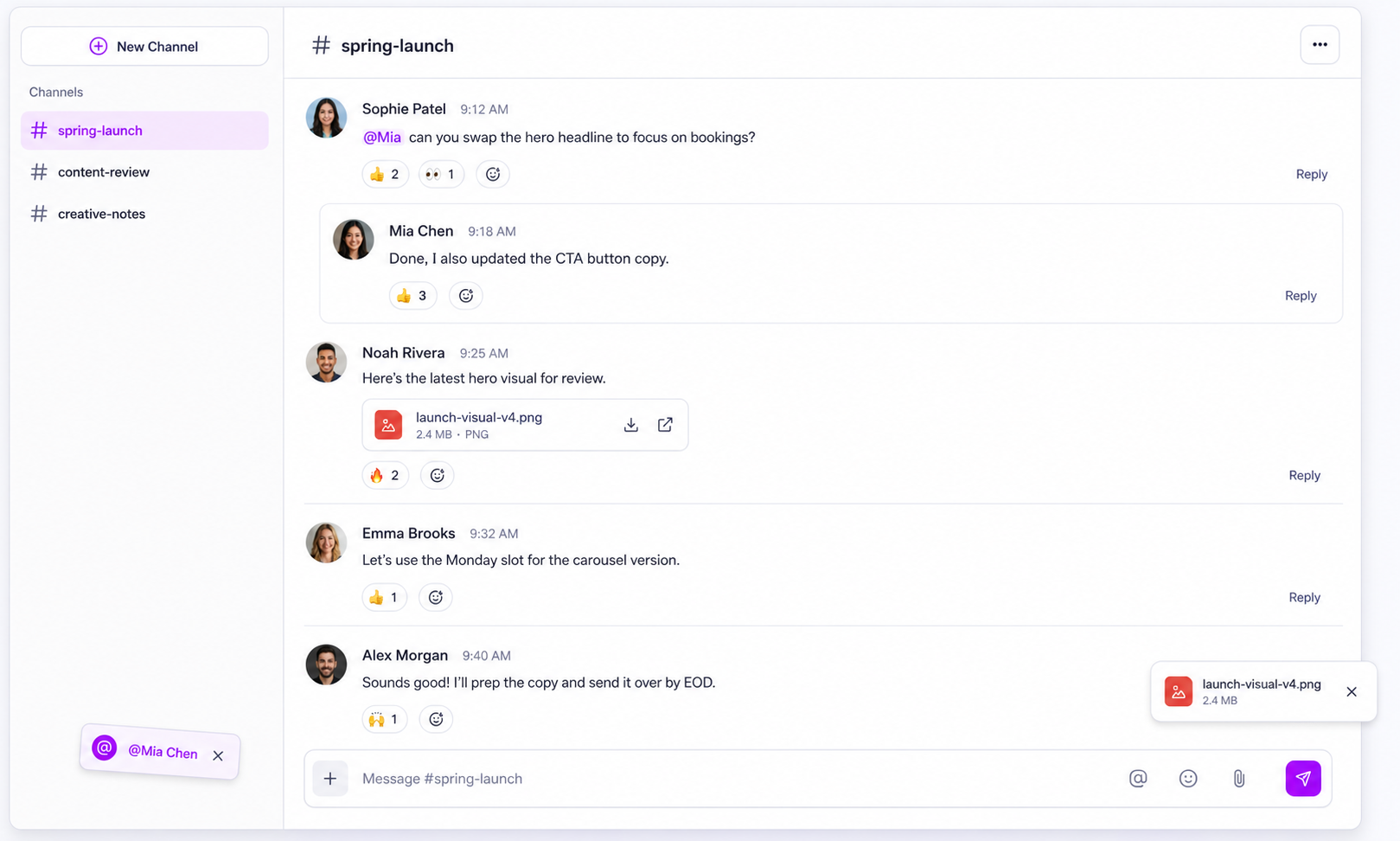 Mydrop team channels for campaigns, clients, topics, mentions, and attachments