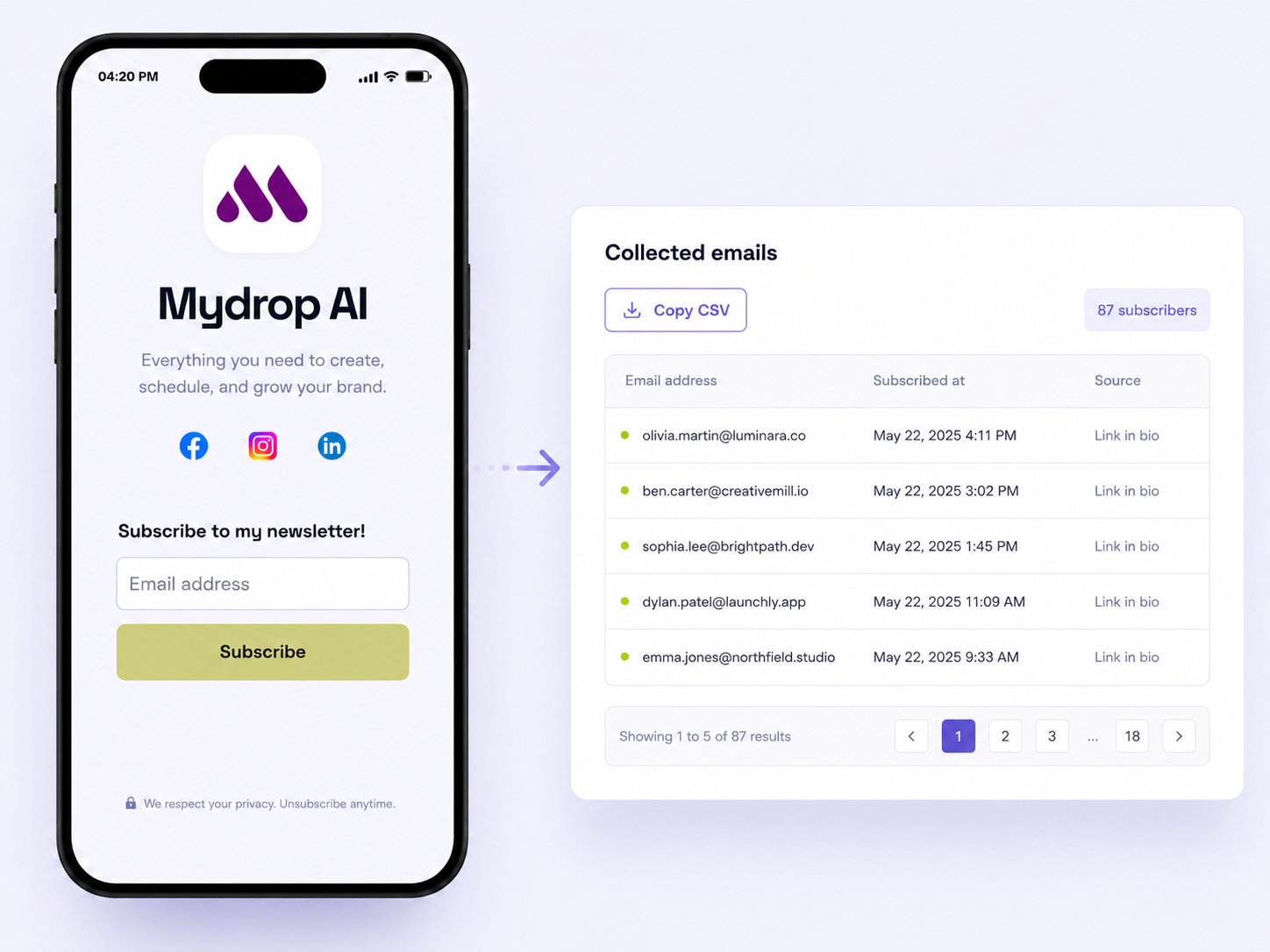Link-in-bio page builder with capture blocks and creator offers