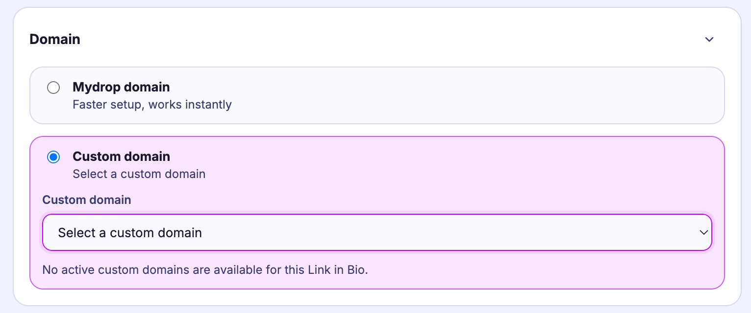 Mydrop link-in-bio custom domain and white-label settings