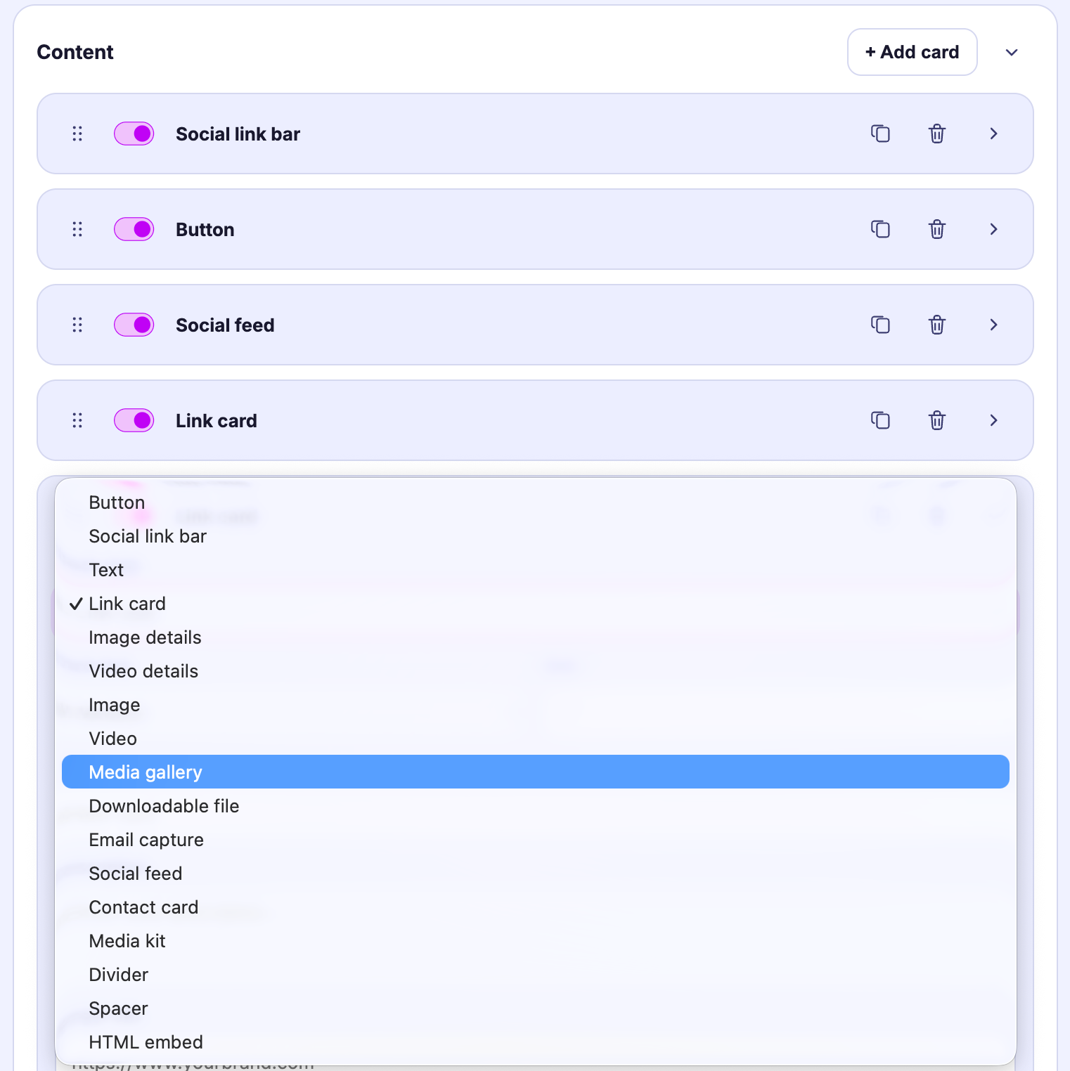 Mydrop link-in-bio page reusing live posts, profile feeds, and media library content