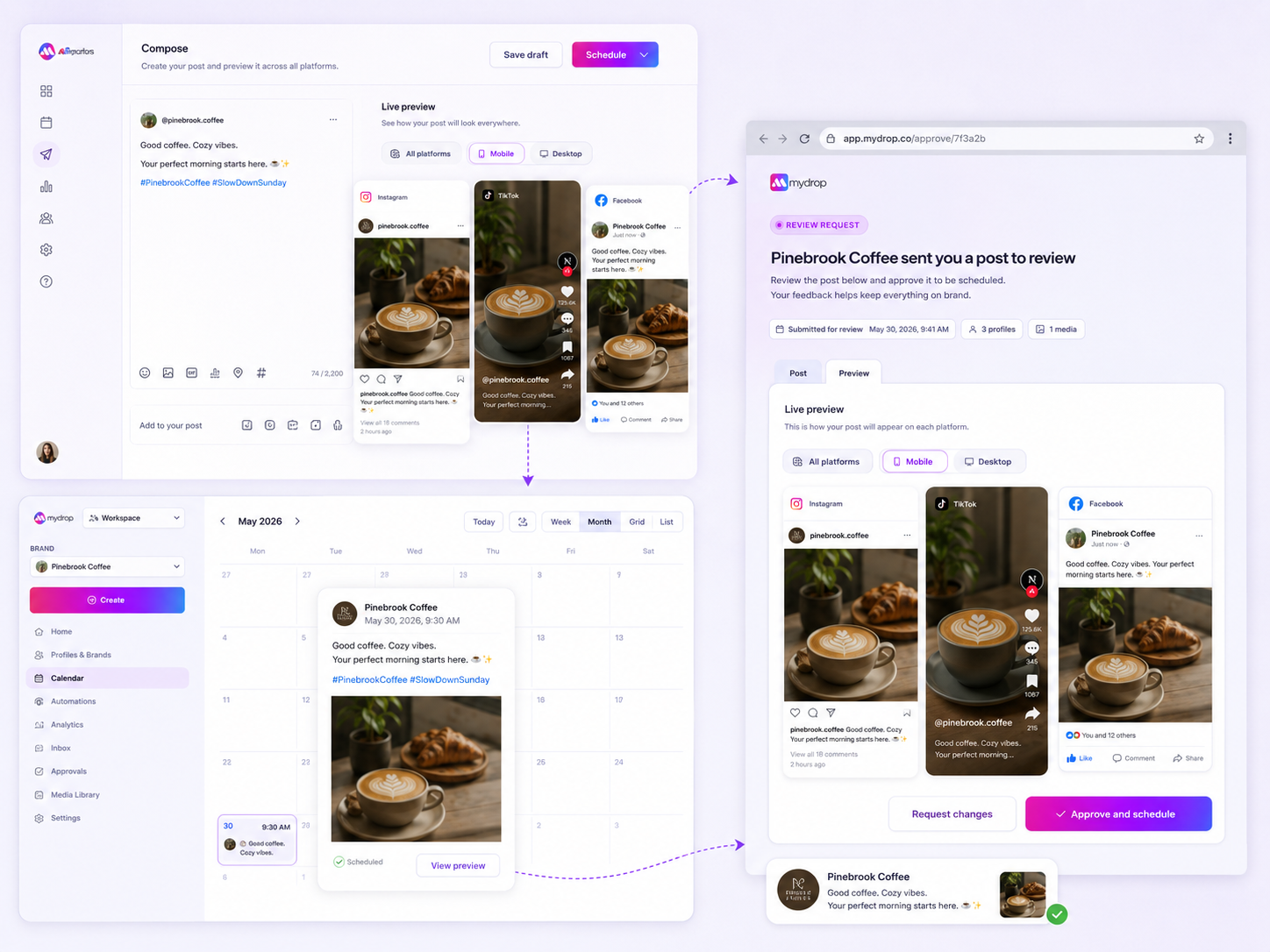 Mydrop post preview in the composer, calendar, and public approval link