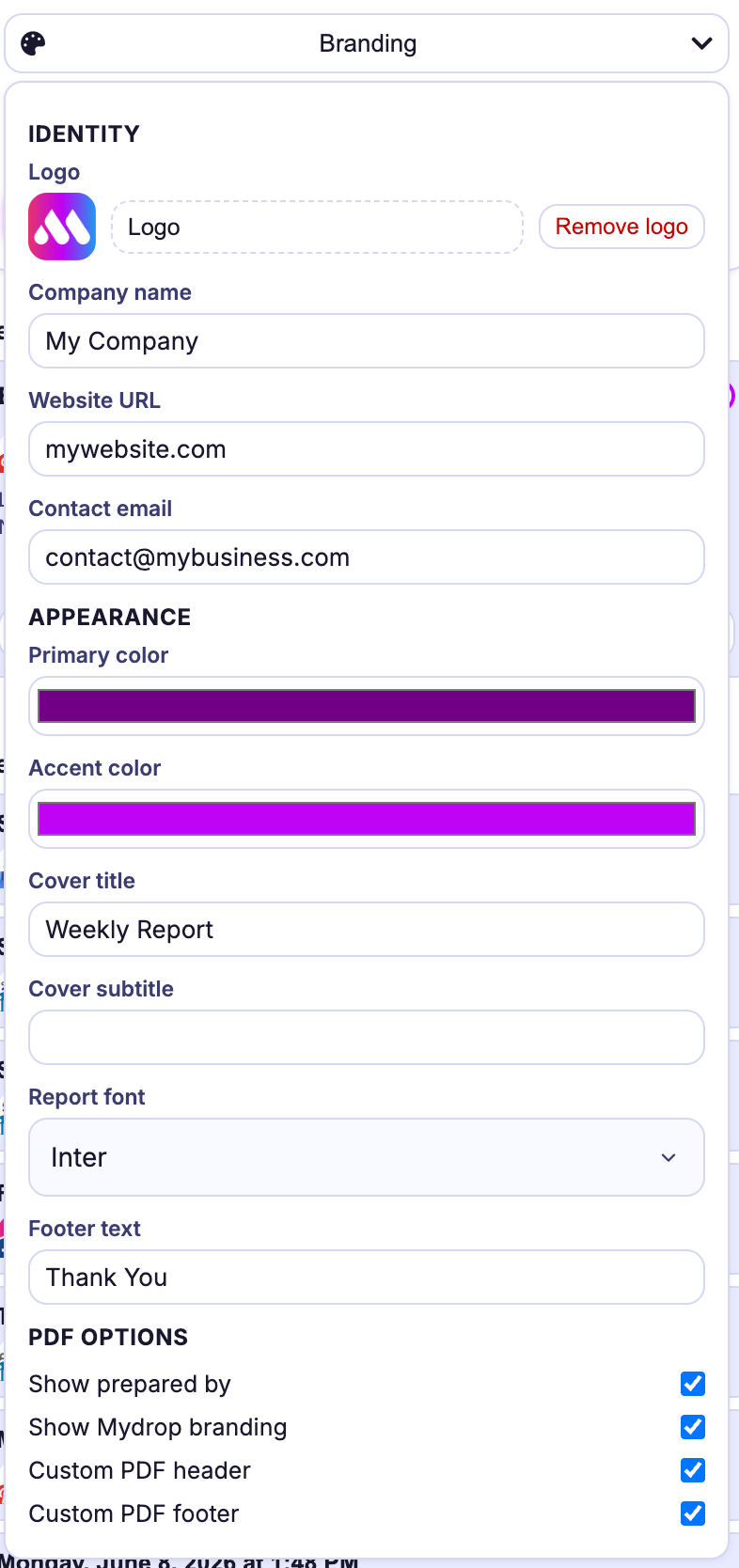 Mydrop custom report branding with logo, colors, fonts, cover, and white-label options