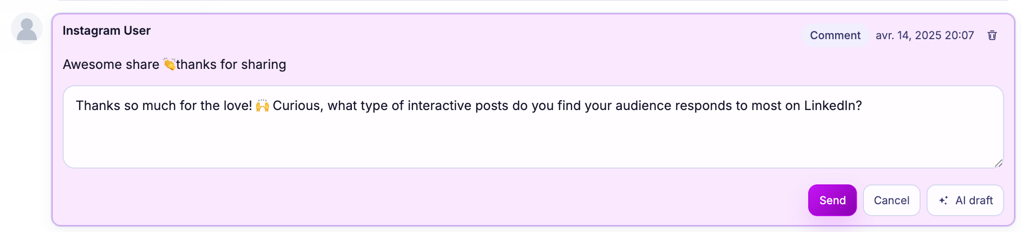 Mydrop AI replies drafted in the right brand voice for social inbox conversations