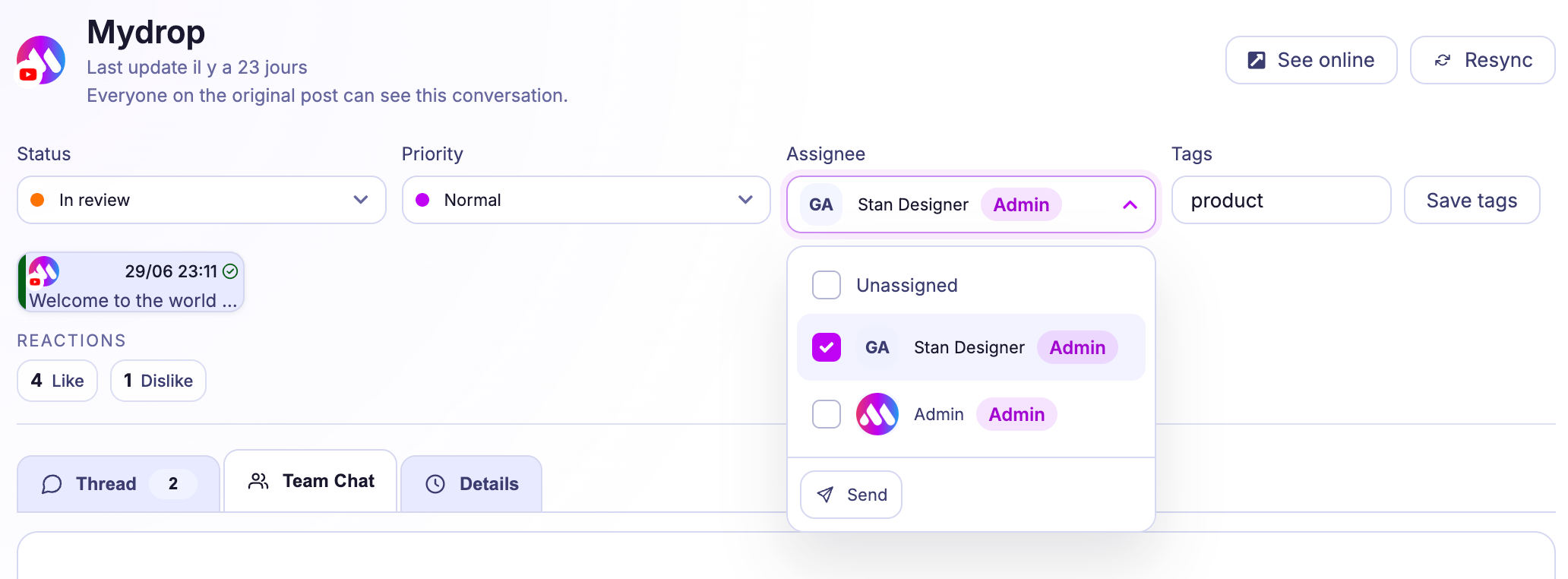 Mydrop social inbox team operations with assignment, priority, tags, and notes