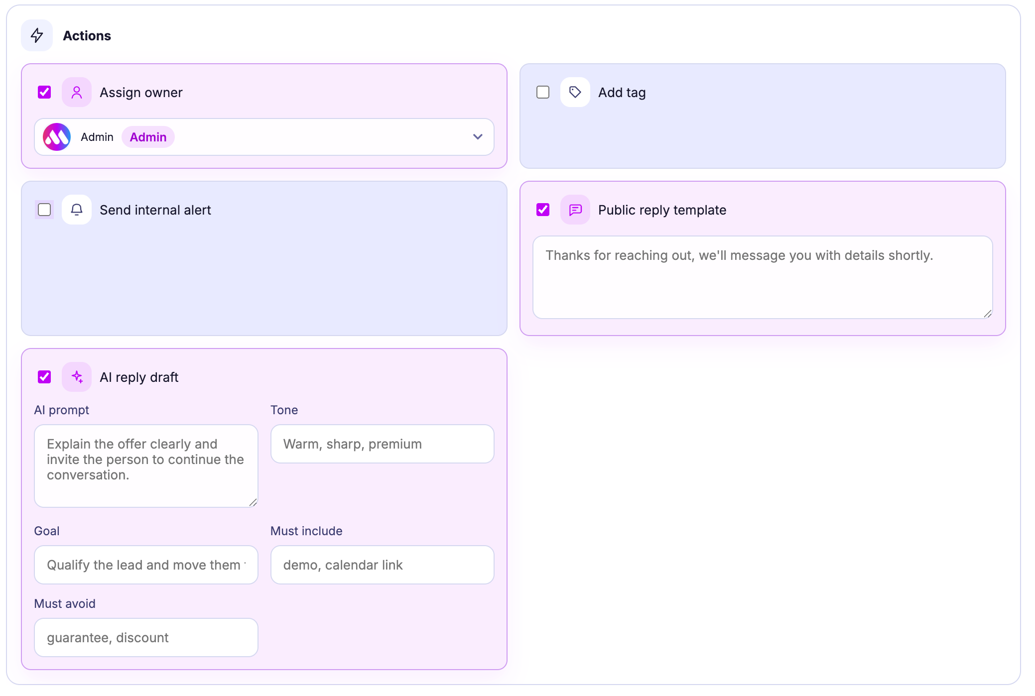 Mydrop trigger-word actions for AI replies, templates, tags, notifications, and assignment