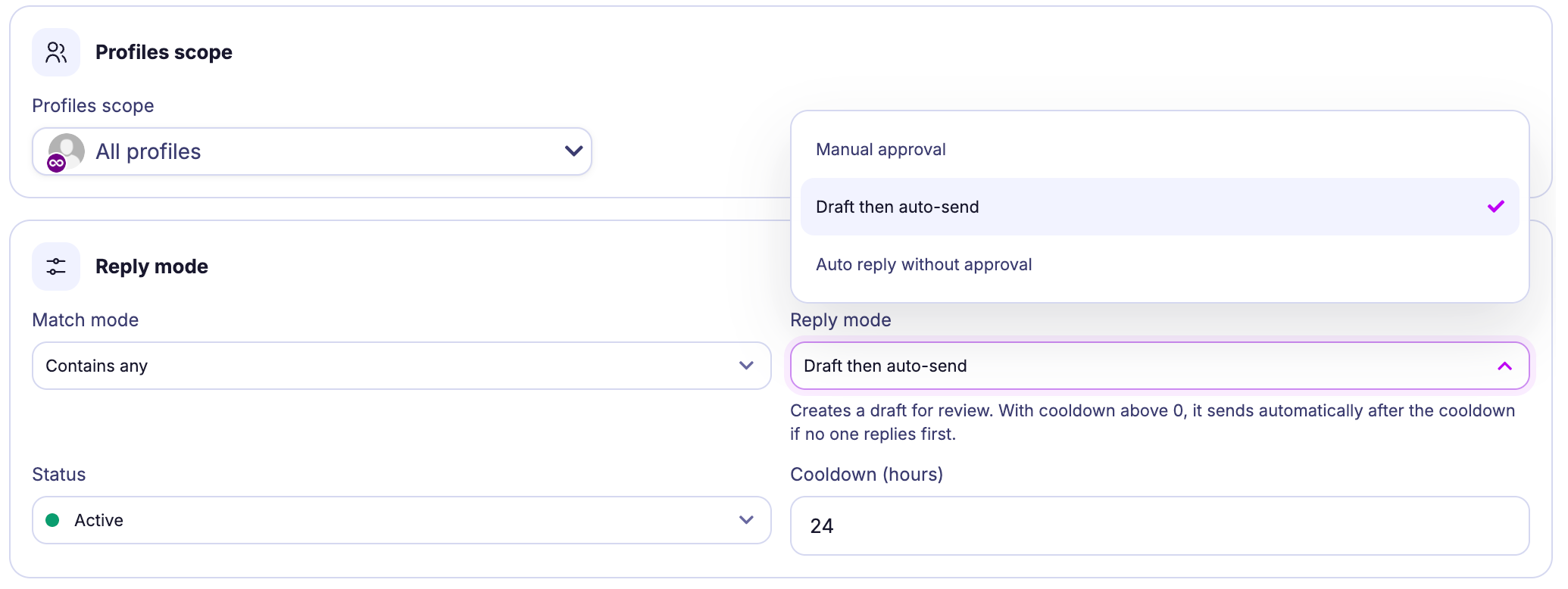 Mydrop trigger-word guardrails with approval mode, cooldowns, delays, and execution logs