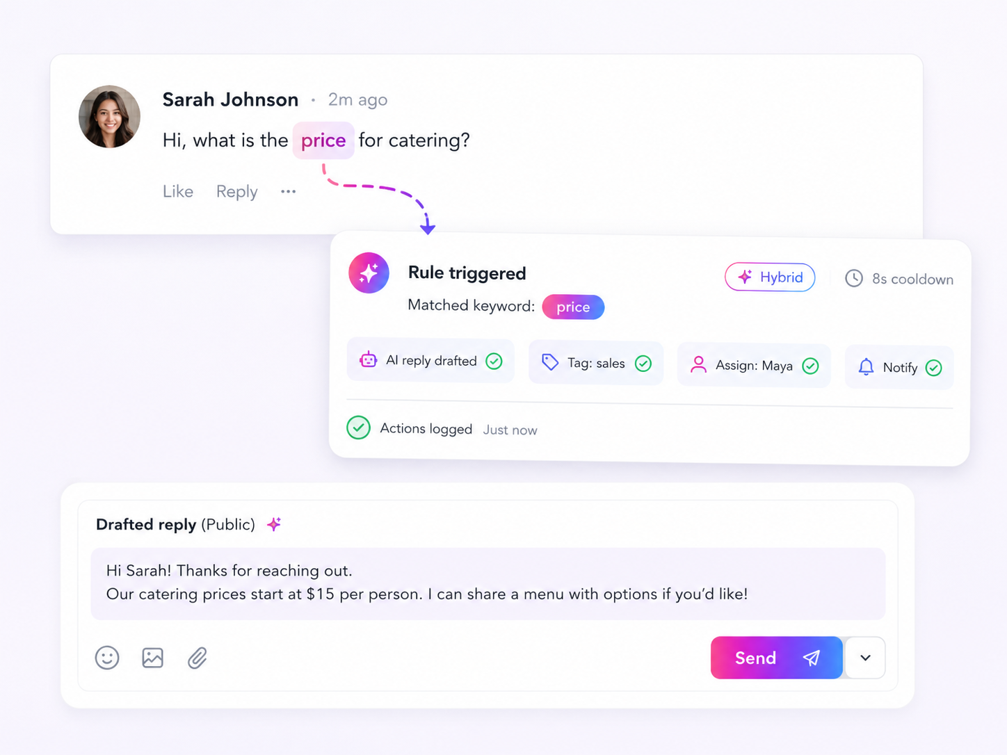 Mydrop trigger-word rule builder with routing and AI reply actions