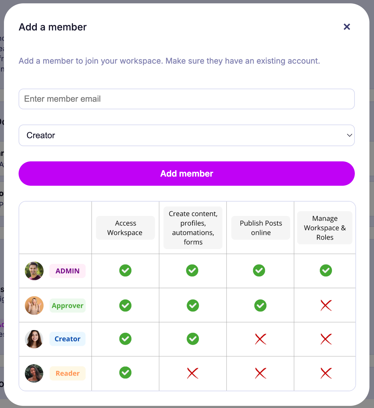 Mydrop granular workspace permissions across posts, media, profiles, automations, analytics, and inbox