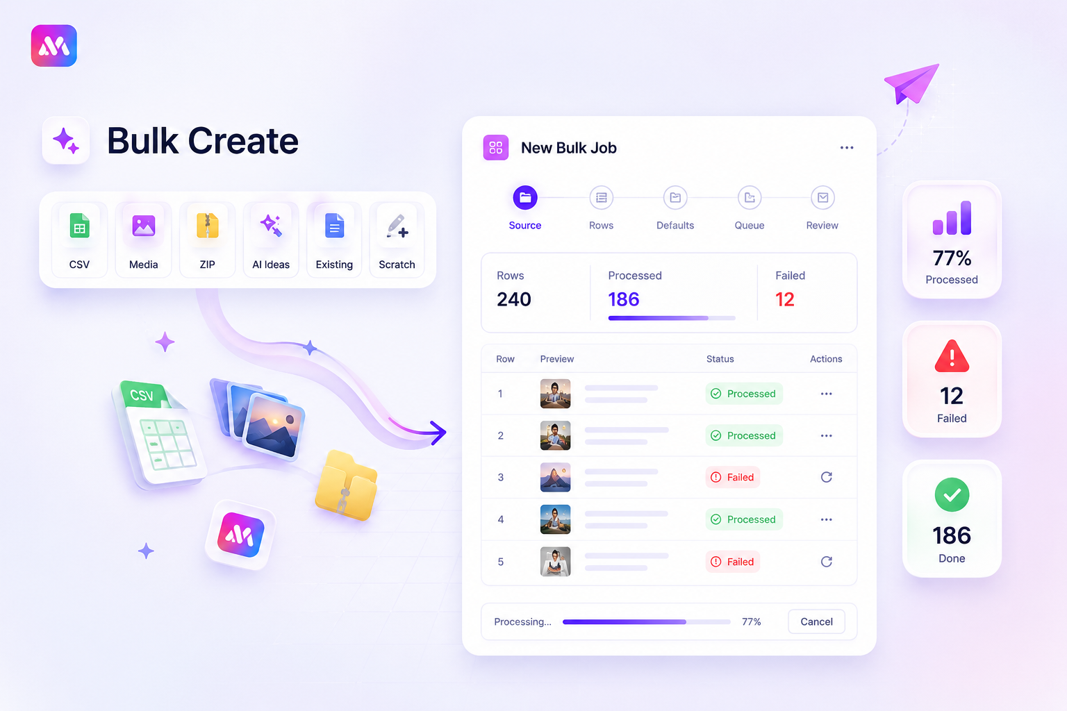 Mydrop bulk create dashboard with row-level import progress