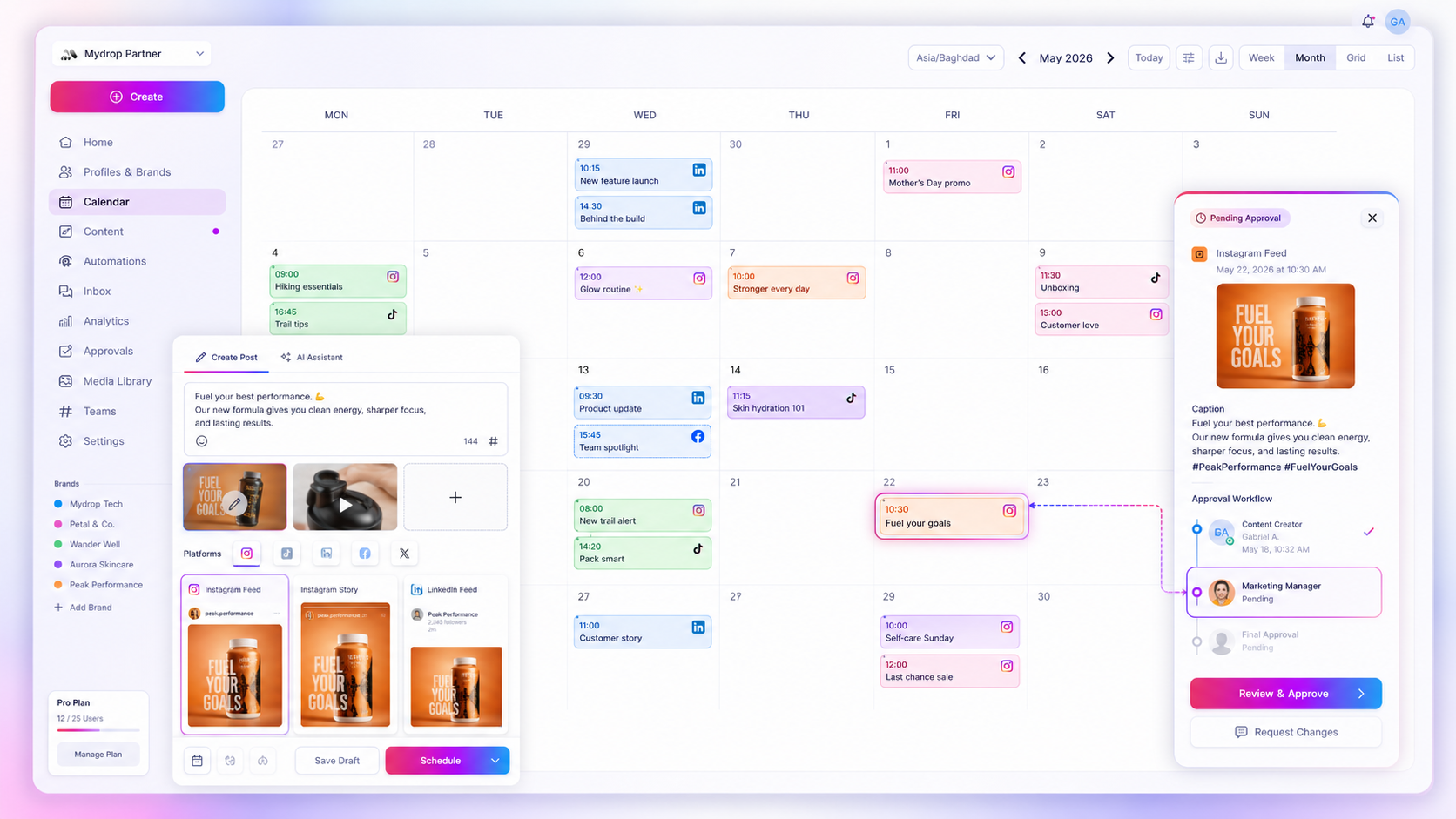 Mydrop social media calendar with scheduled posts and composer preview