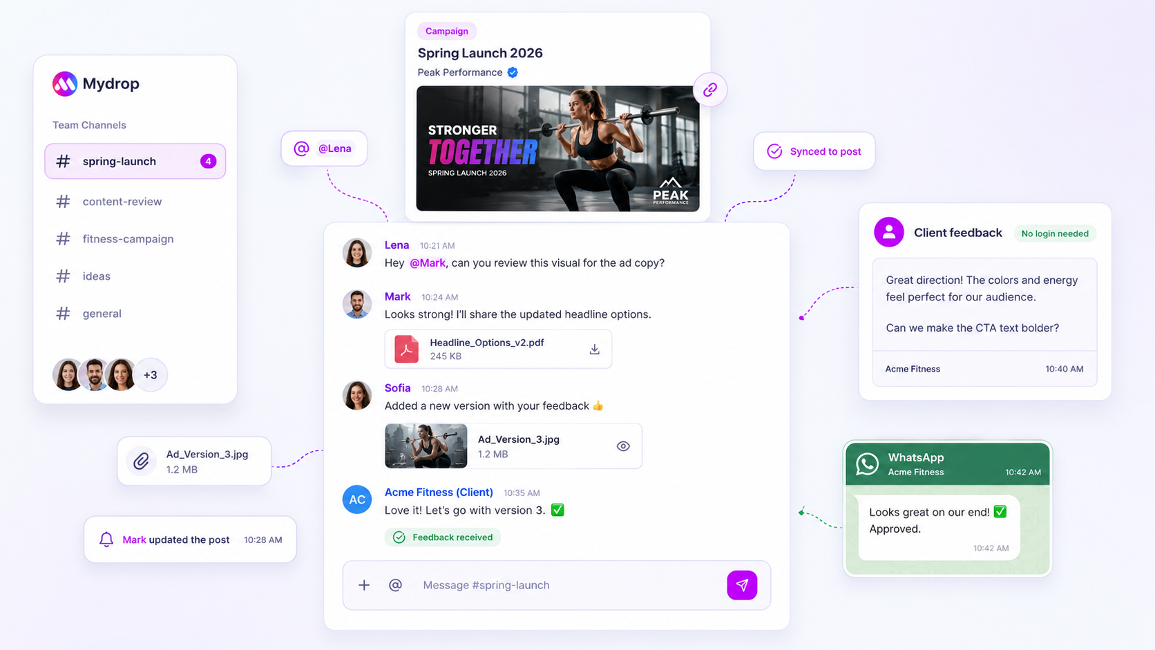 Mydrop collaboration view with comments, approvals, and workspace chat