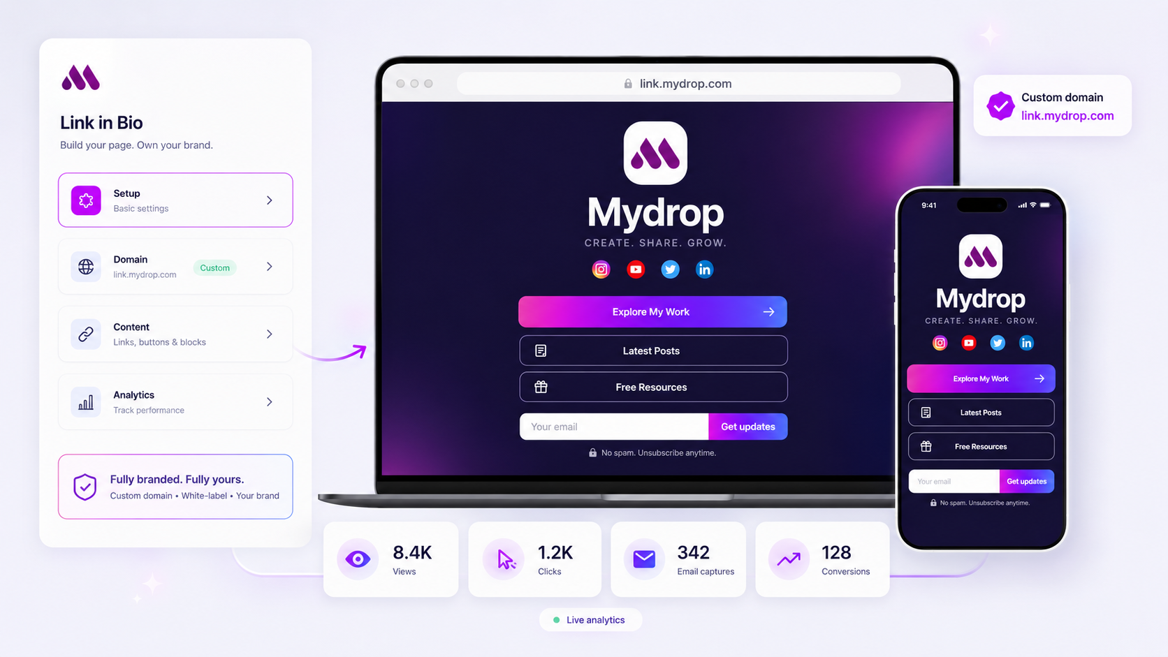 Mydrop link-in-bio page builder and mobile preview