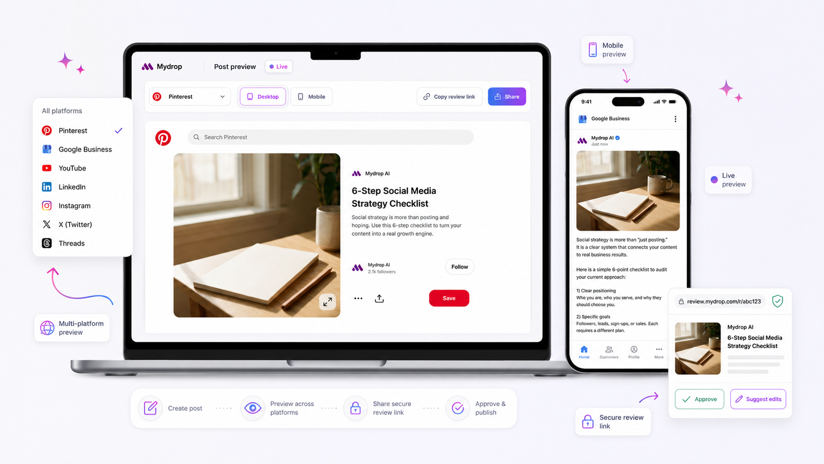Mydrop live post preview rendered across desktop and mobile surfaces