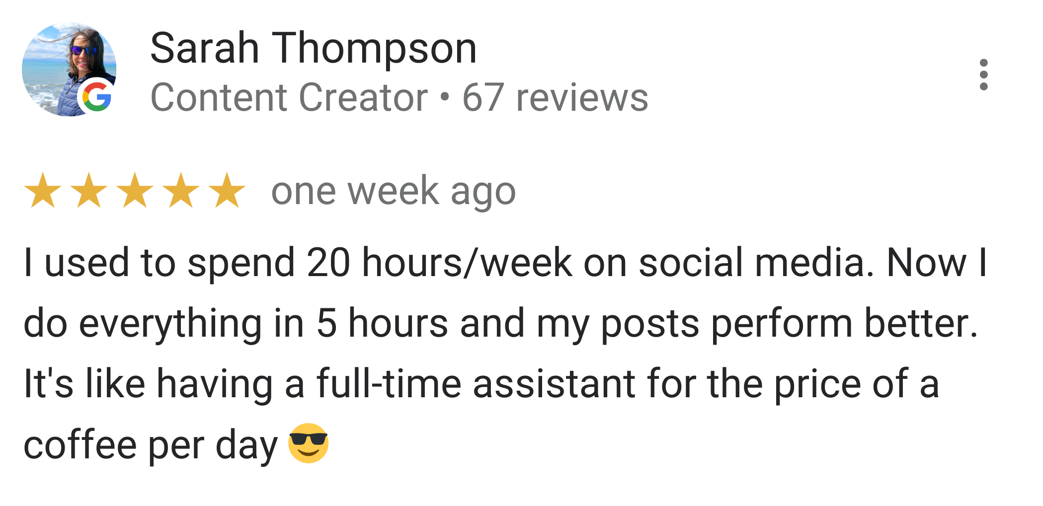 Sarah Thompson, Content Creator — 5-star Mydrop review: "I used to spend 20 hours/week on social media. Now I do everything in 5 hours and my posts perform better."
