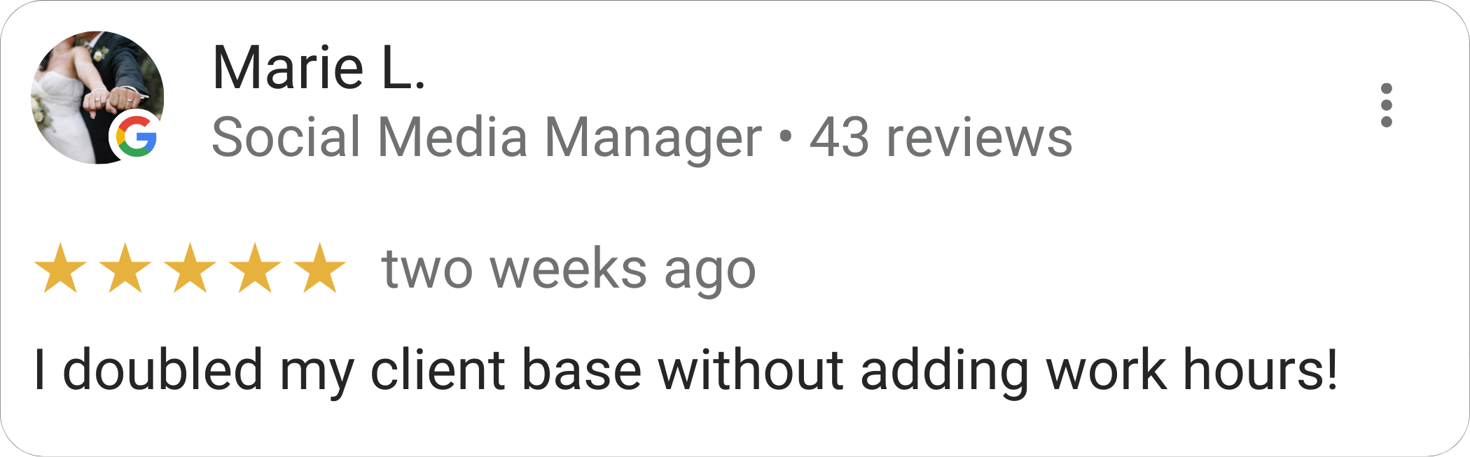 Marie L., Social Media Manager — 5-star Mydrop review: "I doubled my client base without adding work hours."