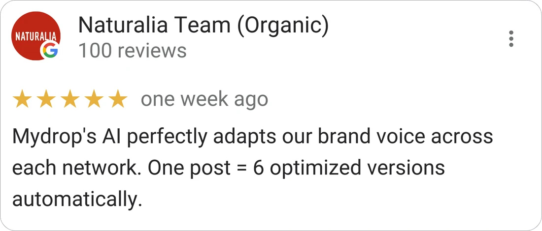 Naturalia Team, Organic brand — 5-star Mydrop review: "Mydrop's AI perfectly adapts our brand voice across each network. One post = 6 optimized versions automatically."