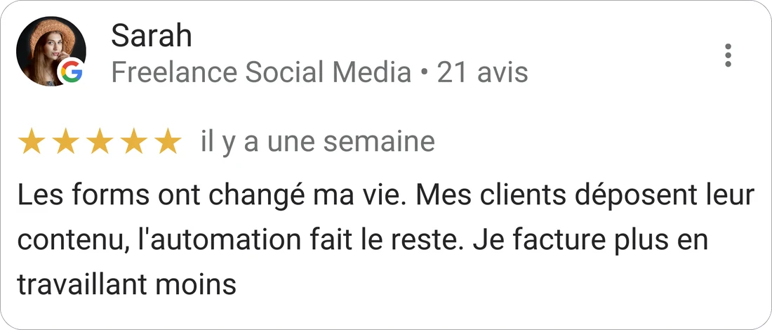 Sarah, Freelance Social Media — 5-star Mydrop review: "Les formulaires ont changé ma vie. Mes clients déposent leur contenu, l'automatisation fait le reste."