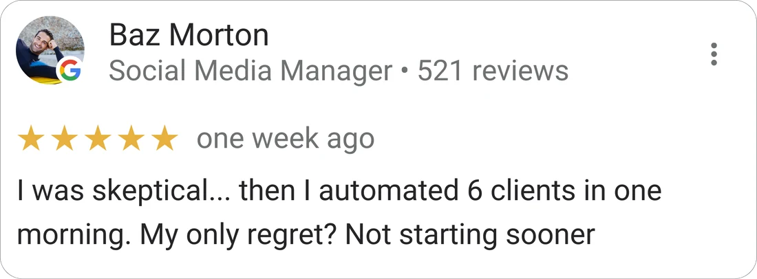 Baz Morton, Social Media Manager — 5-star Mydrop review: "I was skeptical… then I automated 6 clients in one morning. My only regret? Not starting sooner."