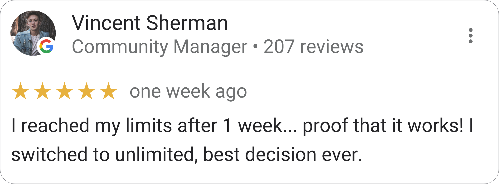 Vincent Sherman, Community Manager — 5-star Mydrop review: "I reached my limits after 1 week… proof that it works! I switched to unlimited, best decision ever."
