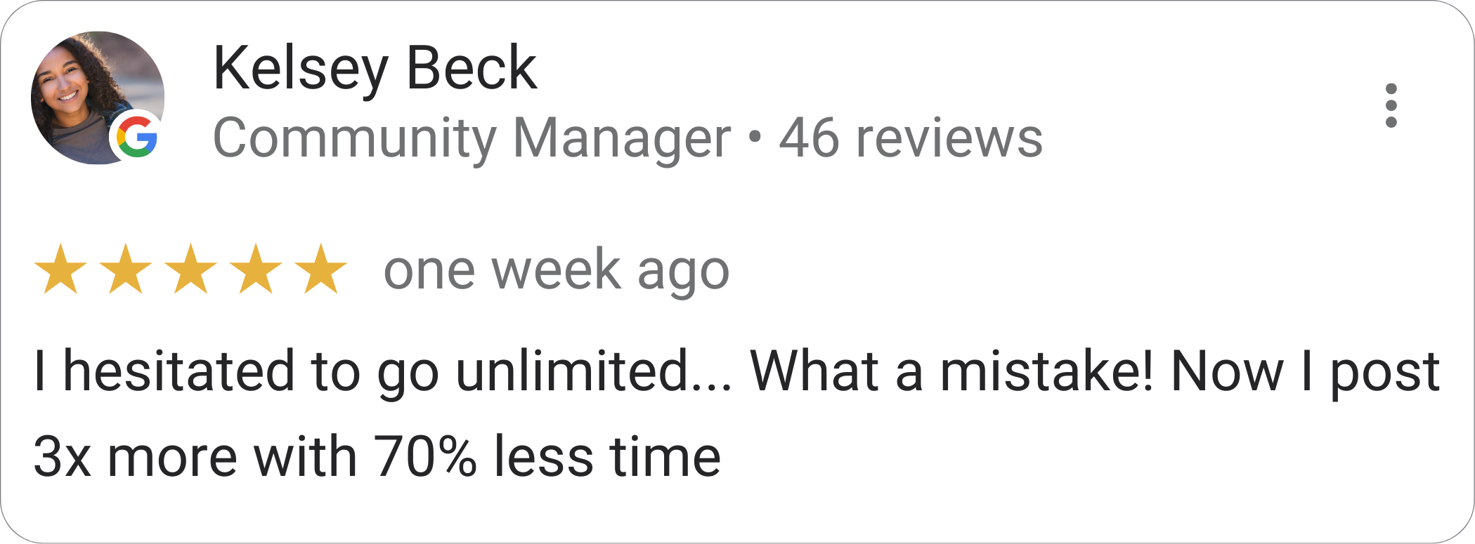 Kelsey Beck, Community Manager — 5-star Mydrop review: "I hesitated to go unlimited… What a mistake! Now I post 3x more with 70% less time."