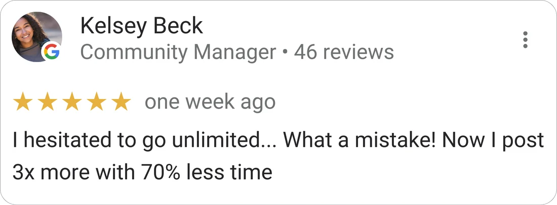 Kelsey Beck, Community Manager — 5-star Mydrop review: "I hesitated to go unlimited… What a mistake! Now I post 3x more with 70% less time."