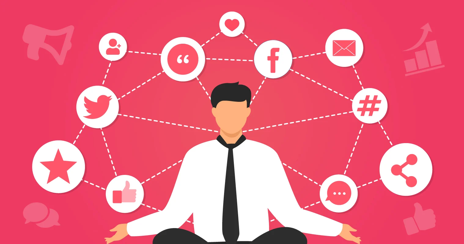 Laptop on a blue background with social media icons, representing social media management tools.